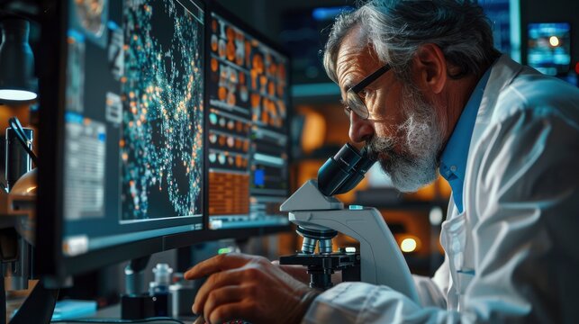 A scientist examining a sample using a high-resolution electron microscope, showcasing the intricate details of the specimen.