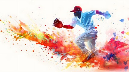 Athletic man runs doing sports on a white background with an explosion of colored paint. 