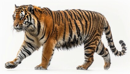 Obraz premium Striped Tiger Walking on White Background