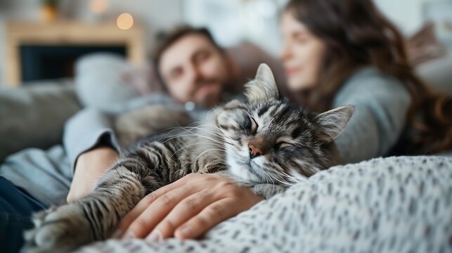Couple Relaxing With Their Cat on a Cozy Sofa