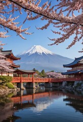 Naklejka premium Japanese Temple with Mount Fuji in the Background.