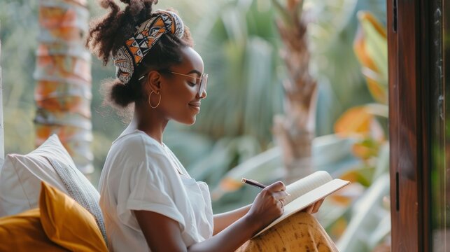 A woman practicing gratitude journaling, writing down things she is thankful for in a serene environment