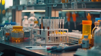 A detailed shot of a laboratory workspace with a focus on molecular biology tools, including pipettes, reagents, and gel electrophoresis equipment.