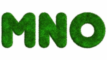Animated 3D alphabet letters "M N O" with green lawn and grass effect , transparent background with alpha channel, seamless loopable element