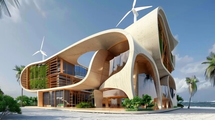 Conceptual eco-friendly building with integrated wind turbines and solar panels