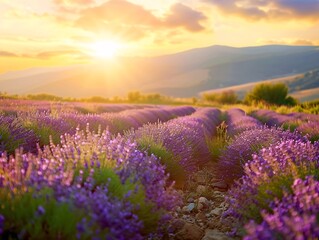 Fototapeta premium 1. A breathtaking landscape of a lavender meadow at sunset, with rows of vibrant purple flowers stretching into the distance, illuminated by the warm, golden hues of the setting sun casting a serene