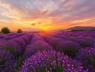 Fototapeta premium 4. A stunning sunset over a lavender field in Provence, where the vibrant purple flowers contrast beautifully with the orange and pink hues of the evening sky, creating a tranquil and mesmerizing