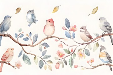 Minimalist Watercolor of Whimsical Garden Birds in Serene Pastel Setting