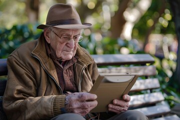 Senior Man Using a Tablet in a Park