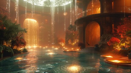 A surreal mansion with floating rooms and bioluminescent gardens, set in a mystical environment