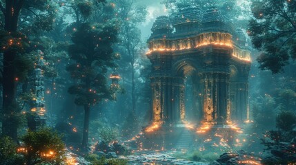 An ancient temple with bioluminescent carvings and glowing pathways, nestled in a mystical forest