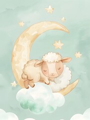 Naklejka premium Sleeping Lamb on Crescent Moon with Whimsical Cloud in Watercolor