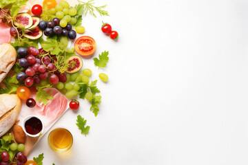 picnic in summer with products, sandwich, salad, fruits on white background top view space for text -