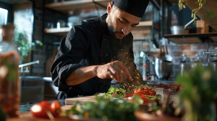 Chef Sprinkling Spices on a Dish in a Rustic Kitchen