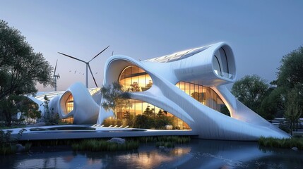 Conceptual eco-friendly building with integrated wind turbines and solar panels