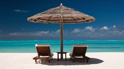 Picture perfect beach scene with colorful lounge chairs and umbrellas dotting the white sand under a bright blue summer sky