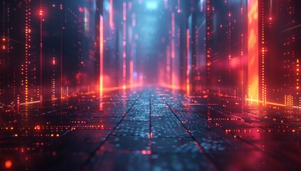 Fototapeta premium Cyberpunk Alleyway with Red and Blue Neon Lights