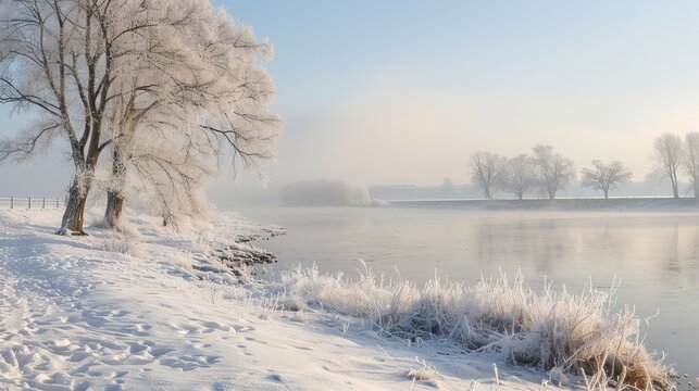 A misty or hazy view of the banks of the River Maas during winter, depicting a serene and atmospheric scene with possibly softened outlines and muted colors due to the fog or mist.