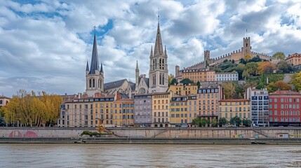 Fototapeta premium In Lyon, France, on October 6, 2019, the view includes the Church of St. George situated alongside buildings lining the Saone River at Quai Fulchiron in the Old City's 5th arrondissement.