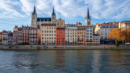 Obraz premium In Lyon, France, on October 6, 2019, the view includes the Church of St. George situated alongside buildings lining the Saone River at Quai Fulchiron in the Old City's 5th arrondissement.