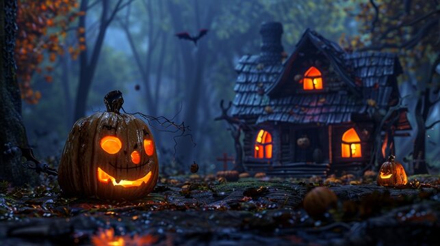 Halloween Day Concept. Halloween background with pumpkins and haunted house. Halloween background with Evil Pumpkin. Spooky scary dark Night forrest. Holiday event halloween banner background concept