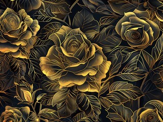 5. A luxurious floral background of golden roses in line art, with intricate detailing and elegant gold lines on a dark backdrop, creating a sophisticated and timeless illustration for various