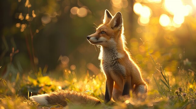 A red fox cub bathed in sunlight, highlighting its vibrant fur and youthful charm against a natural backdrop.