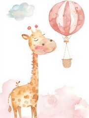 Whimsical Watercolor Giraffe and Hot Air Balloon for Children s Decor and Education