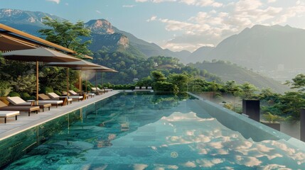 Fototapeta premium Swimming pool landscape view mountains background
