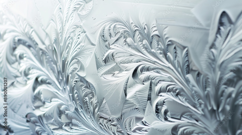 Poster macro shot of frost on car window, capturing intricate, feather-like crystal patterns shimmering in 