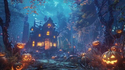 Halloween Day Concept. Halloween background with pumpkins and haunted house. Halloween background with Evil Pumpkin. Spooky scary dark Night forrest. Holiday event halloween banner background concept