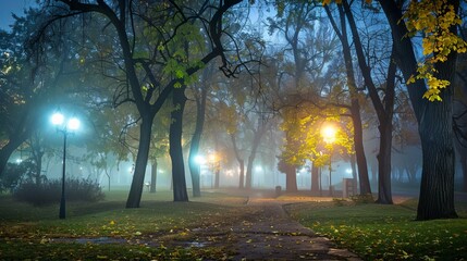 Fototapeta premium Trees in a city park at night enveloped in foggy weather, creating a mysterious and atmospheric scene with soft, diffused lighting.