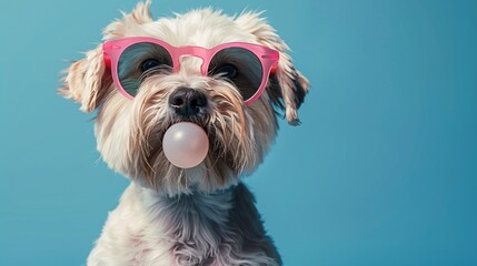 Cute white dog in pink sunglasses blowing bubble gum.