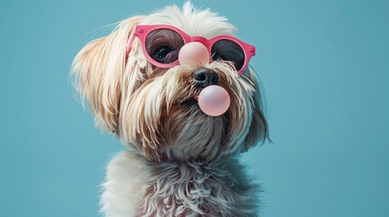 Cute white dog in pink sunglasses blowing bubble gum.