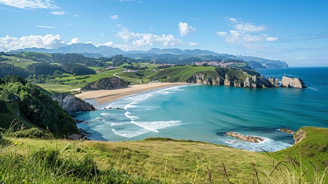 The view of Playa de Ribadesella on the Green Coast of Asturias, Northern Spain, features white sandy beaches, cliffs, hidden caves, lush green fields, and towering mountains.