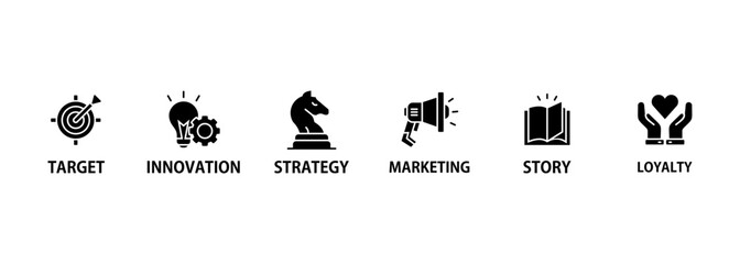 Branding banner web icon vector illustration concept with icon of target, innovation, strategy, marketing, story, advertising, awareness, quality and loyalty