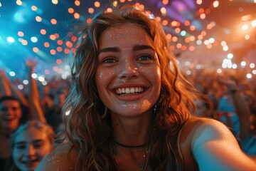Captures the energy and excitement of a music festival, with friends sharing a memorable experience.