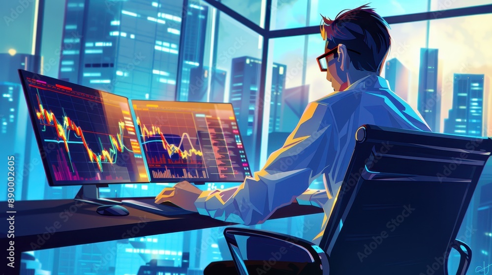 Poster man analyzing financial data on computer screens in office