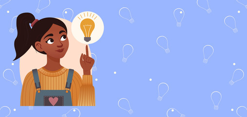 girl has an idea, creative banner, girl has a concept, woman pointing finger up, having an idea and looking inspired with a brilliant idea, mind map, problem solving, brainstorming and finding a solut