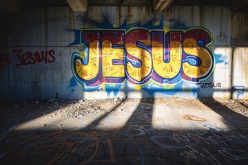 A graffiti style word Jesus spray painted on the wall