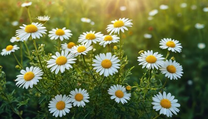 Fototapeta premium Closeup of Daisies in a Field of Green Grass