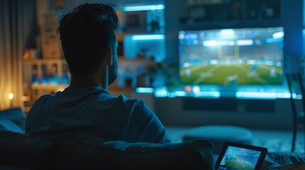 A man is watching a football broadcast via a tablet. 