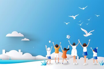Fototapeta premium Group of children playing outdoors, reaching for the sky, under a bright blue sky with birds.