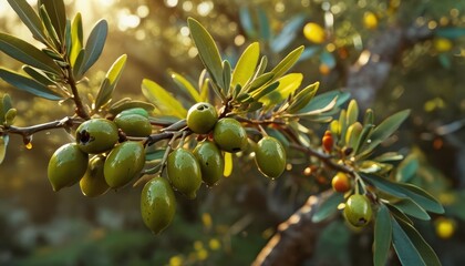 Close-up of Olive Tree Branch with Ripe Olives in Sunlight