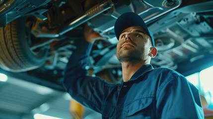 Mechanic in Blue Uniform and Cap Repairing Car