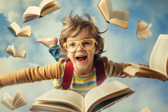 Enthusiastic child with glasses and a backpack, soaring amid floating books and a dreamy sky.