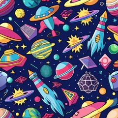 seamless pattern of 80s sci-fi and space elements, Generative AI