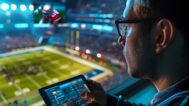 A man is watching a football broadcast via a tablet. 