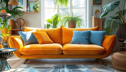 Fototapeta premium Modern living room with bright orange sofa and blue accents.