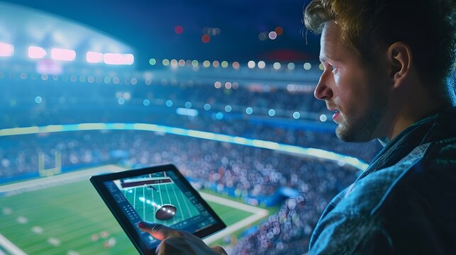 A man is watching a football broadcast via a tablet. 